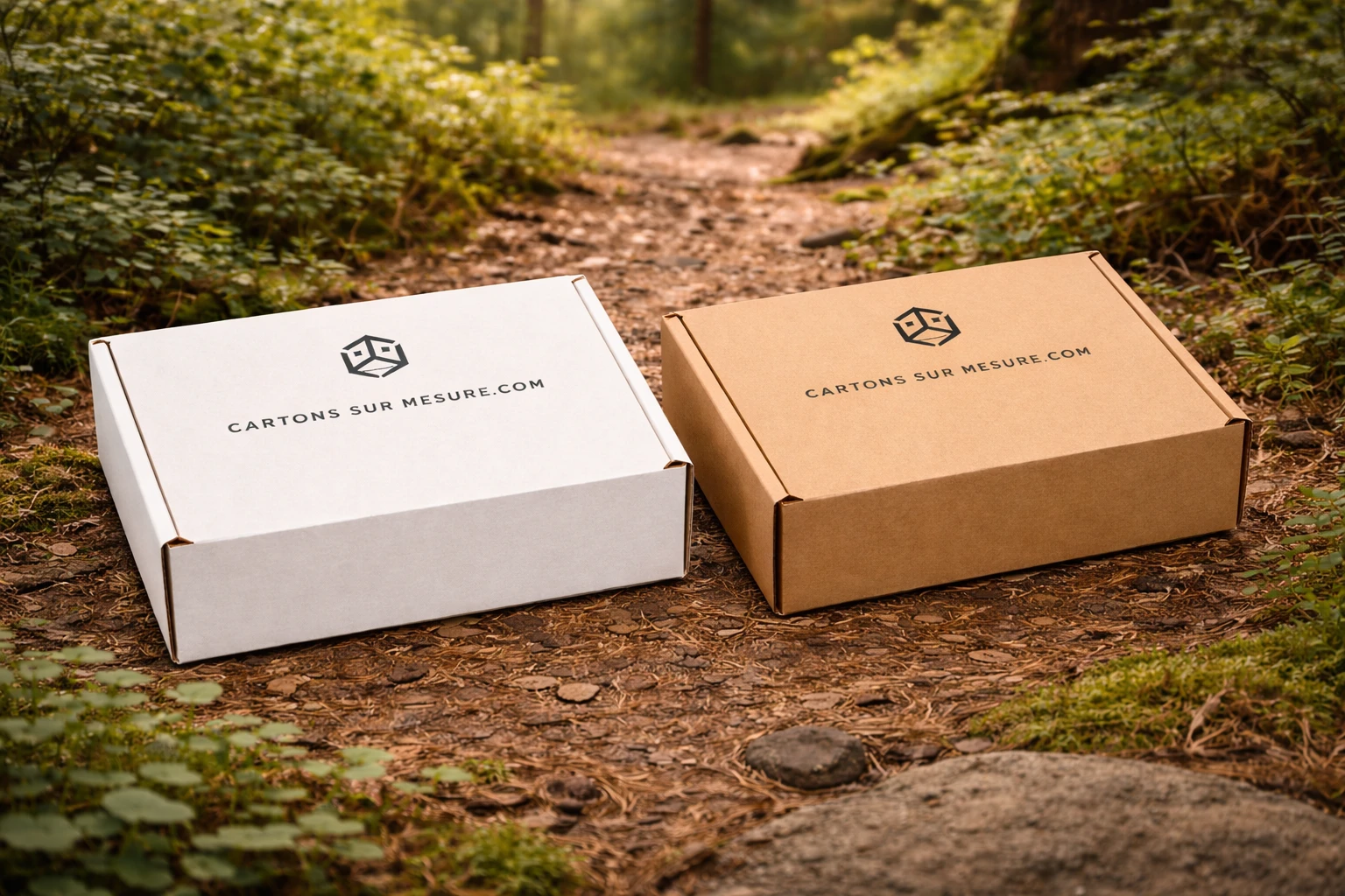 Boîtes en carton sur mesure fermées, coloris blanc et brun, présentées en extérieur dans un cadre naturel