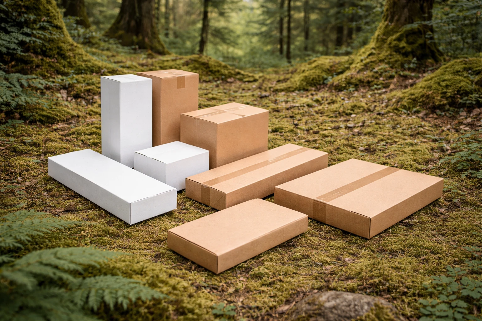 Cartons sur mesure blancs et bruns de différentes dimensions disposés en forêt